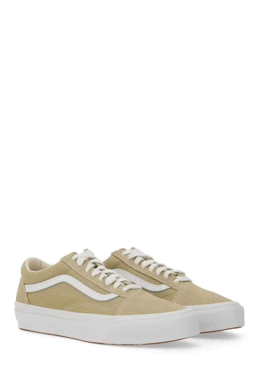 Beige suede vans unisex old skool xl sneaker with white laces and classic side stripe in a casual style