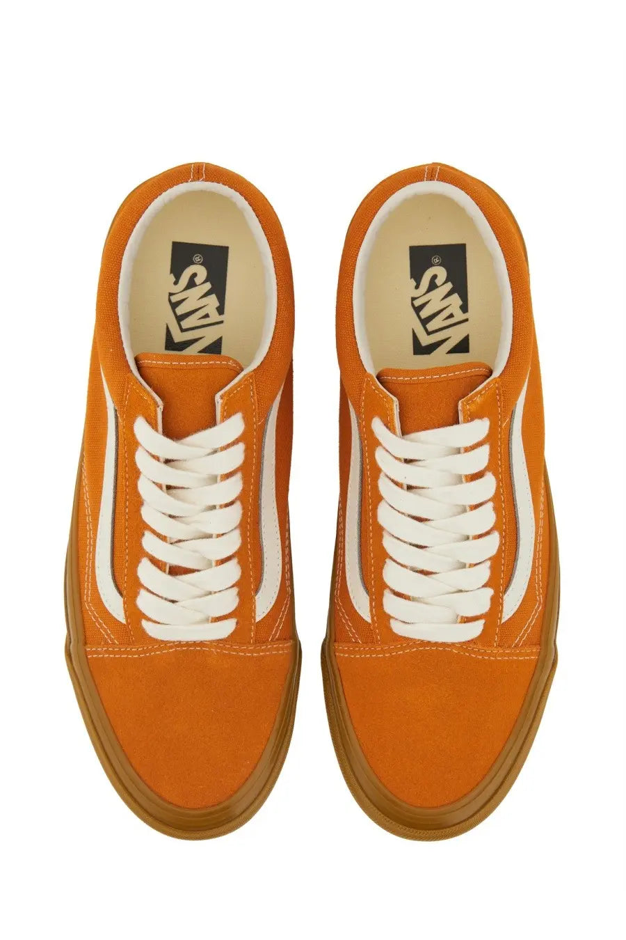 Vans unisex old skool xl sneaker in orange suede with white laces and tan rubber sole front view