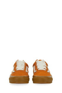 Orange suede Vans unisex Old Skool XL sneakers with white laces and gum rubber soles showing side view