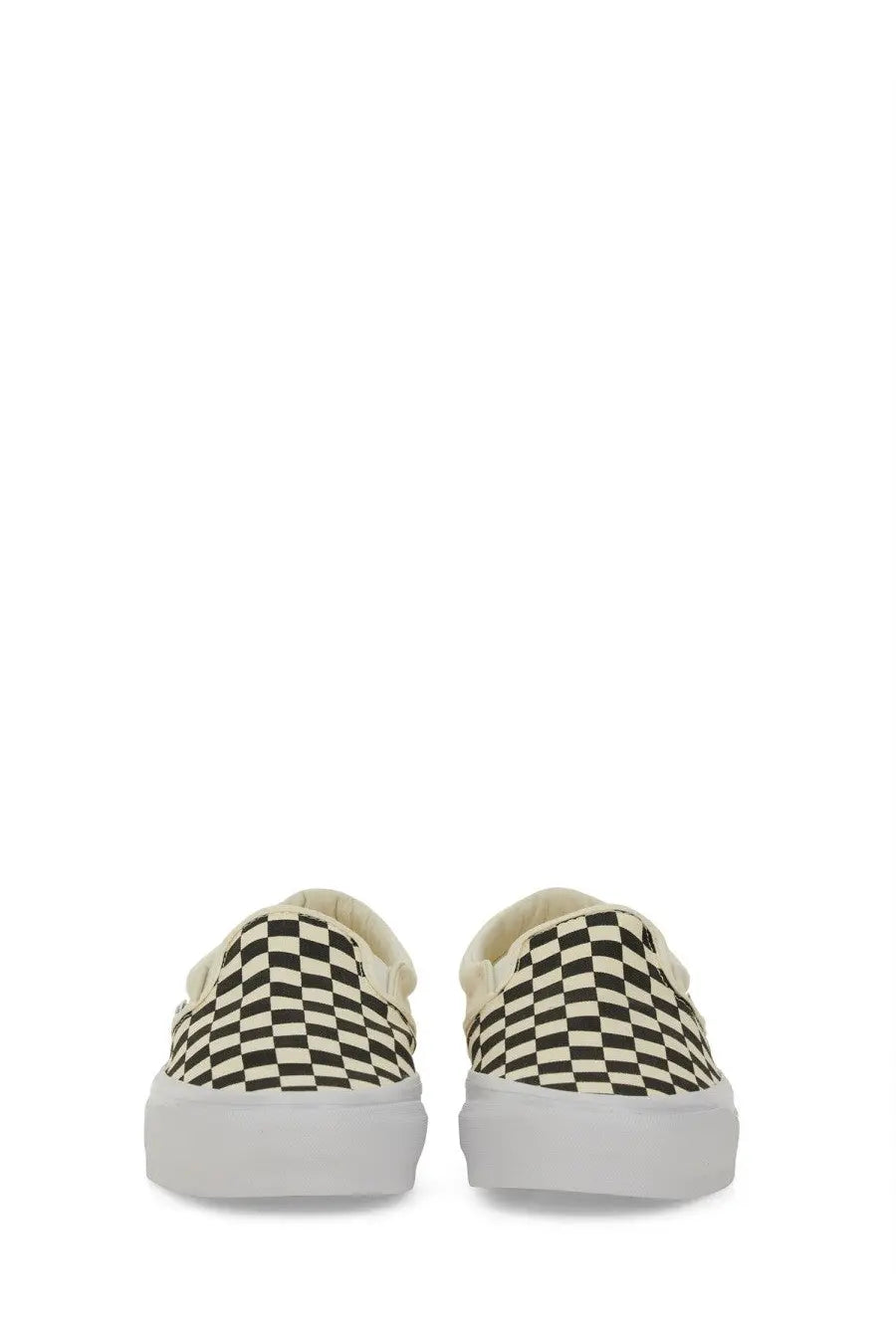 Vans unisex slip on premium white sneakers with black and white checkerboard pattern and thick white rubber sole