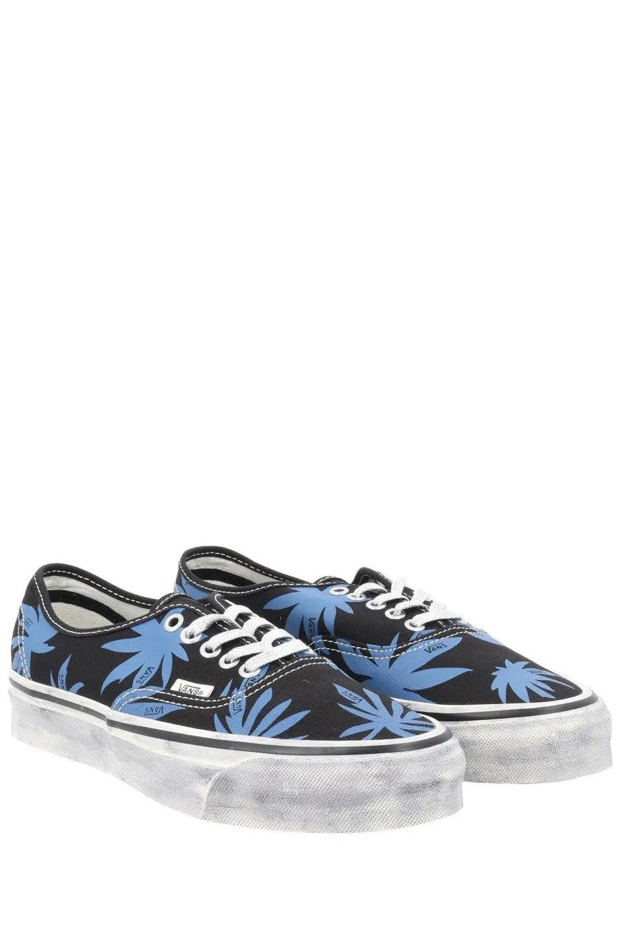Vans unisex sneaker autentic premium blue with black canvas, blue cannabis leaf pattern, white laces, and translucent sole