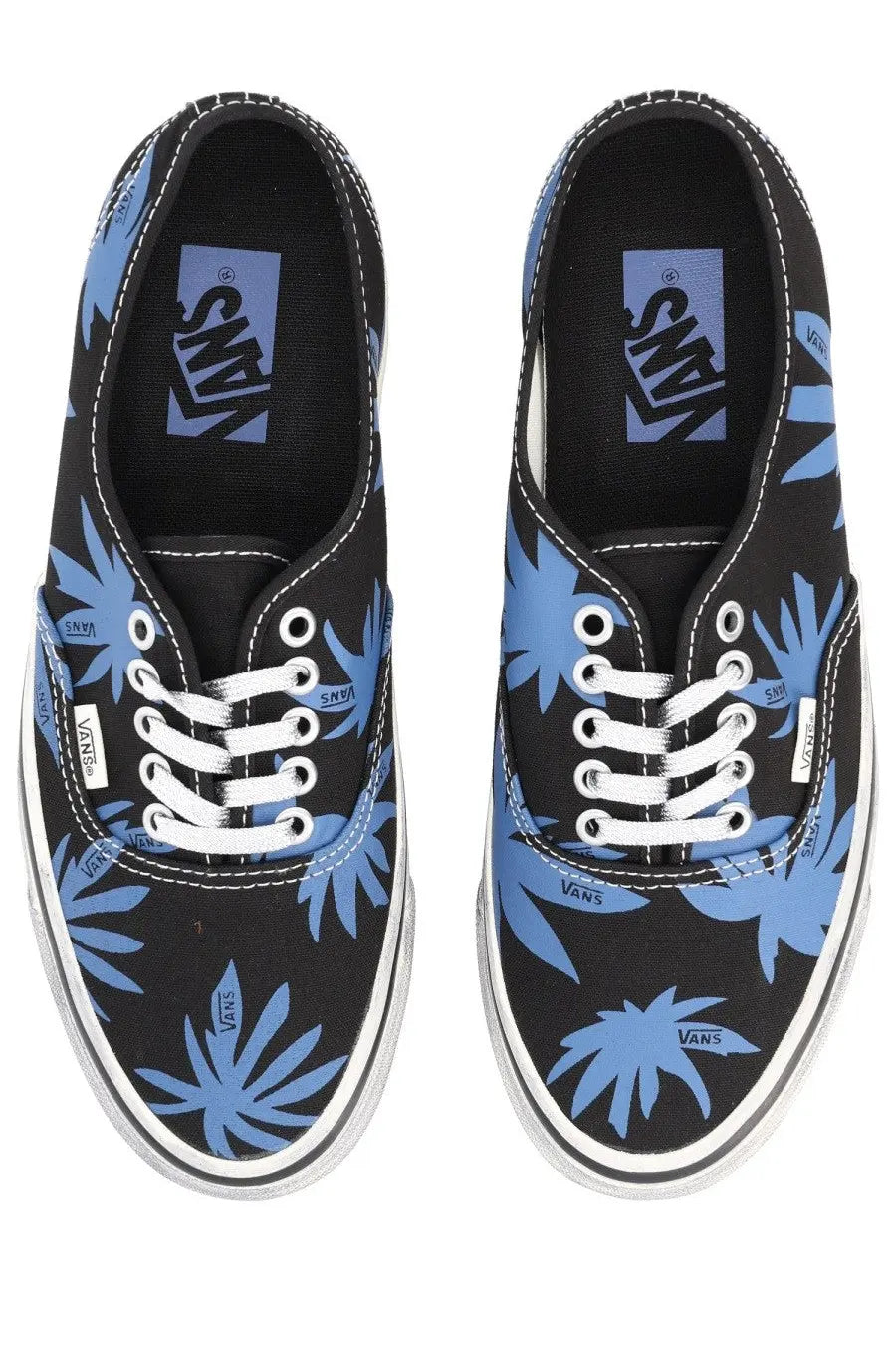 Vans unisex sneaker autentic premium blue with black canvas, vibrant blue palm leaf pattern, and white laces