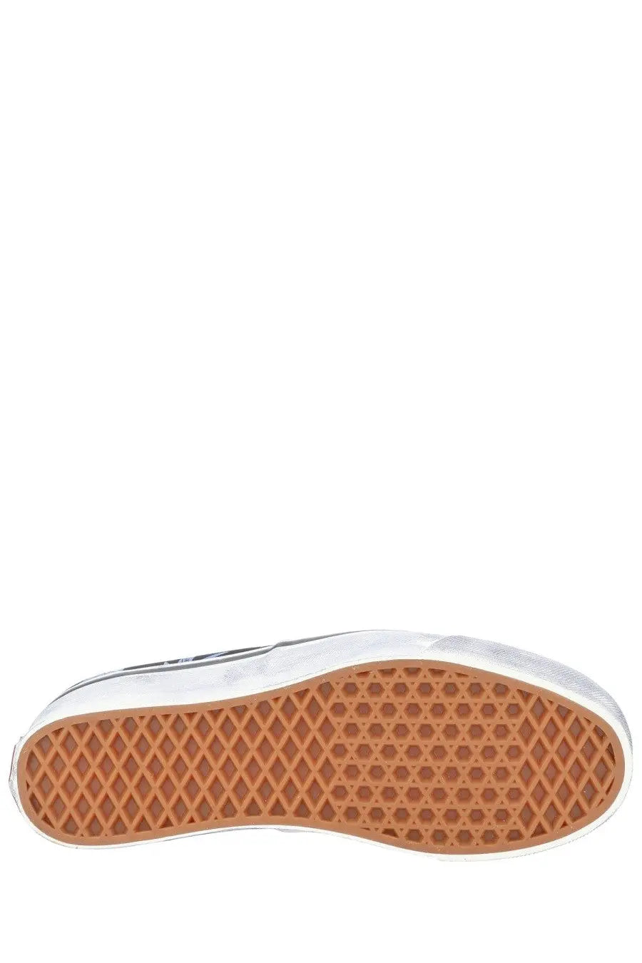 White vans unisex sneaker autentic premium blue slip-on shoe with tan rubber sole and iconic diamond tread pattern