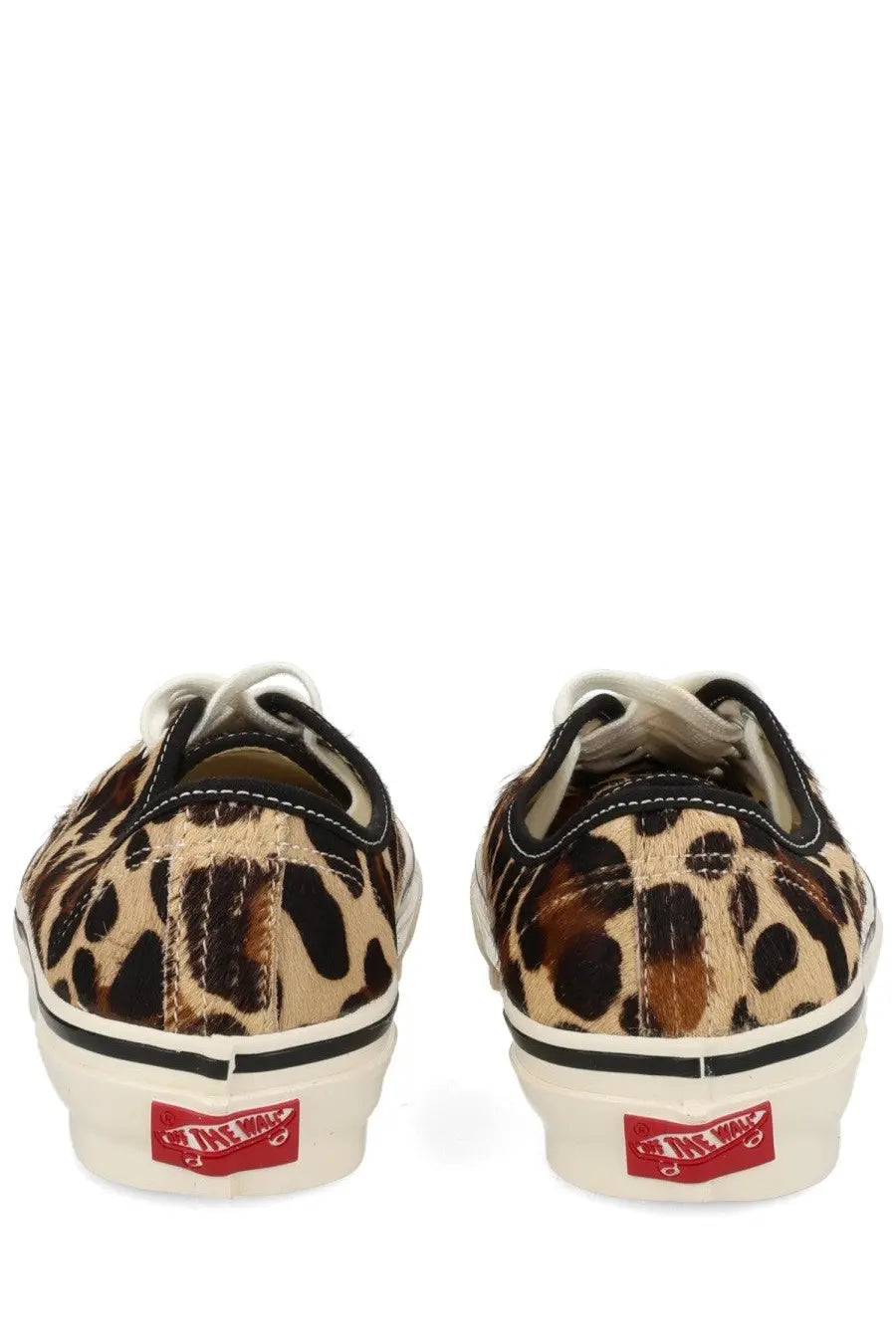 Vans unisex sneaker authentic pattern with leopard print black and tan spots white soles and red heel tabs
