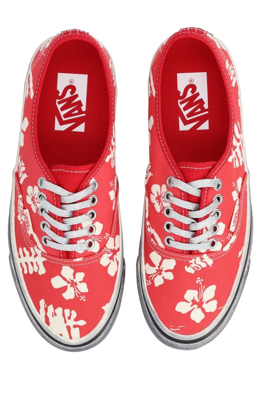 Vans unisex sneaker authentic premium red with white hibiscus flower pattern and silver laces on canvas material