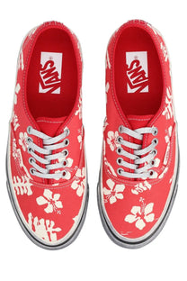 Vans unisex sneaker authentic premium red with white hibiscus flower pattern and silver laces on canvas material
