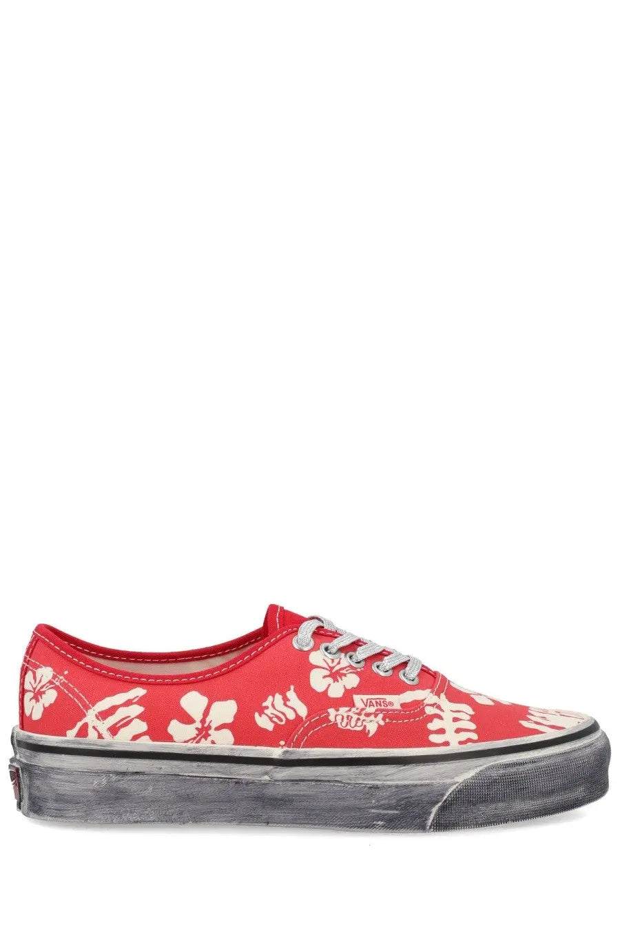 Vans unisex sneaker authentic premium red with white hibiscus and skeleton patterns on canvas upper and gray sole