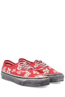Vans unisex sneaker Authentic Premium red with white hibiscus flower pattern and distressed gray rubber soles