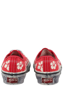 Vans unisex sneaker authentic premium red with white hibiscus flower patterns and distressed gray rubber soles