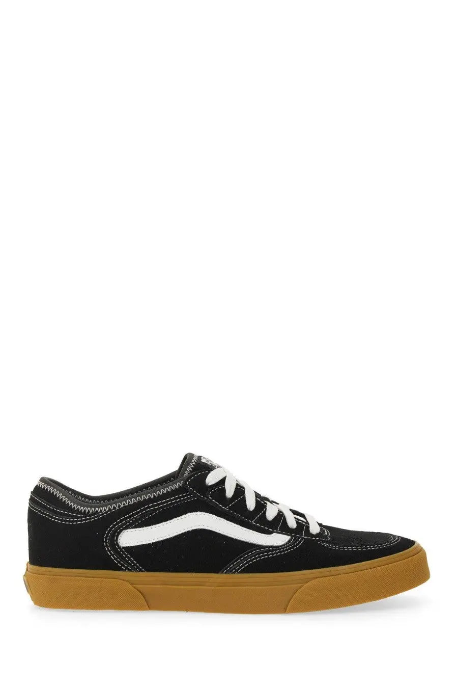 Black canvas Vans unisex sneaker rowley classic with white laces and gum rubber sole for skateboarding