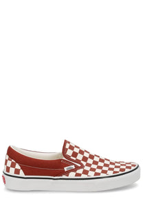 Red and white checkerboard vans unisex slip on sneaker with classic canvas upper and rubber sole