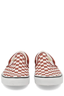 Vans unisex slip on sneaker with red and white checkerboard canvas upper black sole trim and red stitching