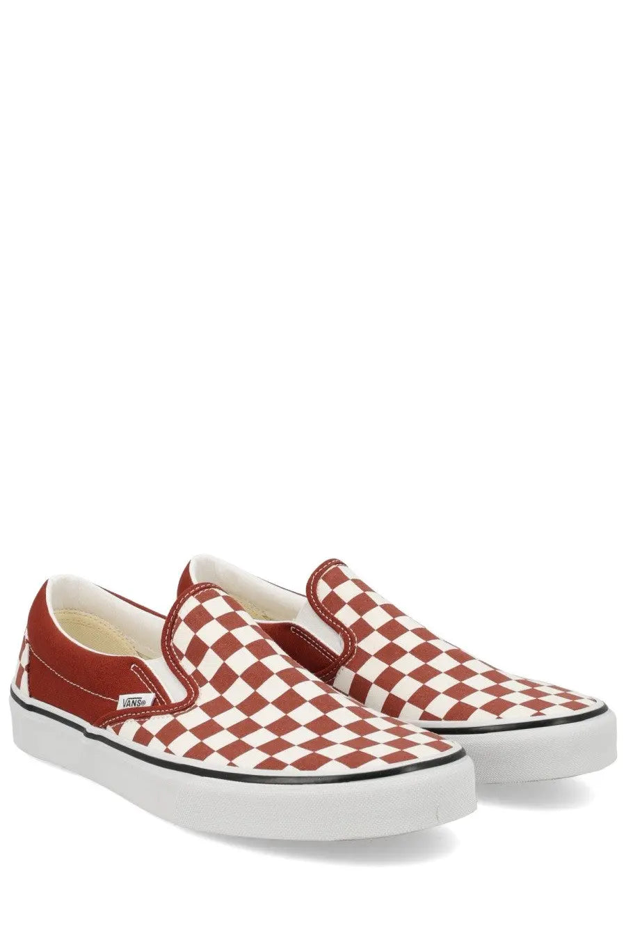 Vans unisex slip on sneakers featuring a red and white checkerboard pattern with canvas material and rubber soles