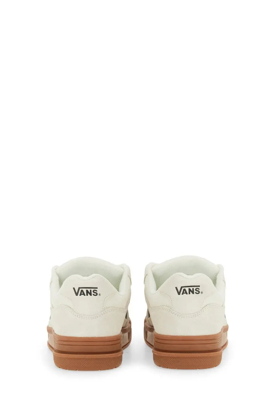 Cream-colored vans unisex upland sneaker white with tan rubber sole and classic stitching details
