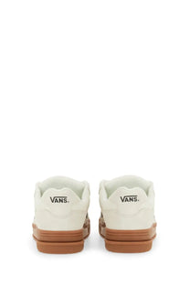 Cream-colored vans unisex upland sneaker white with tan rubber sole and classic stitching details