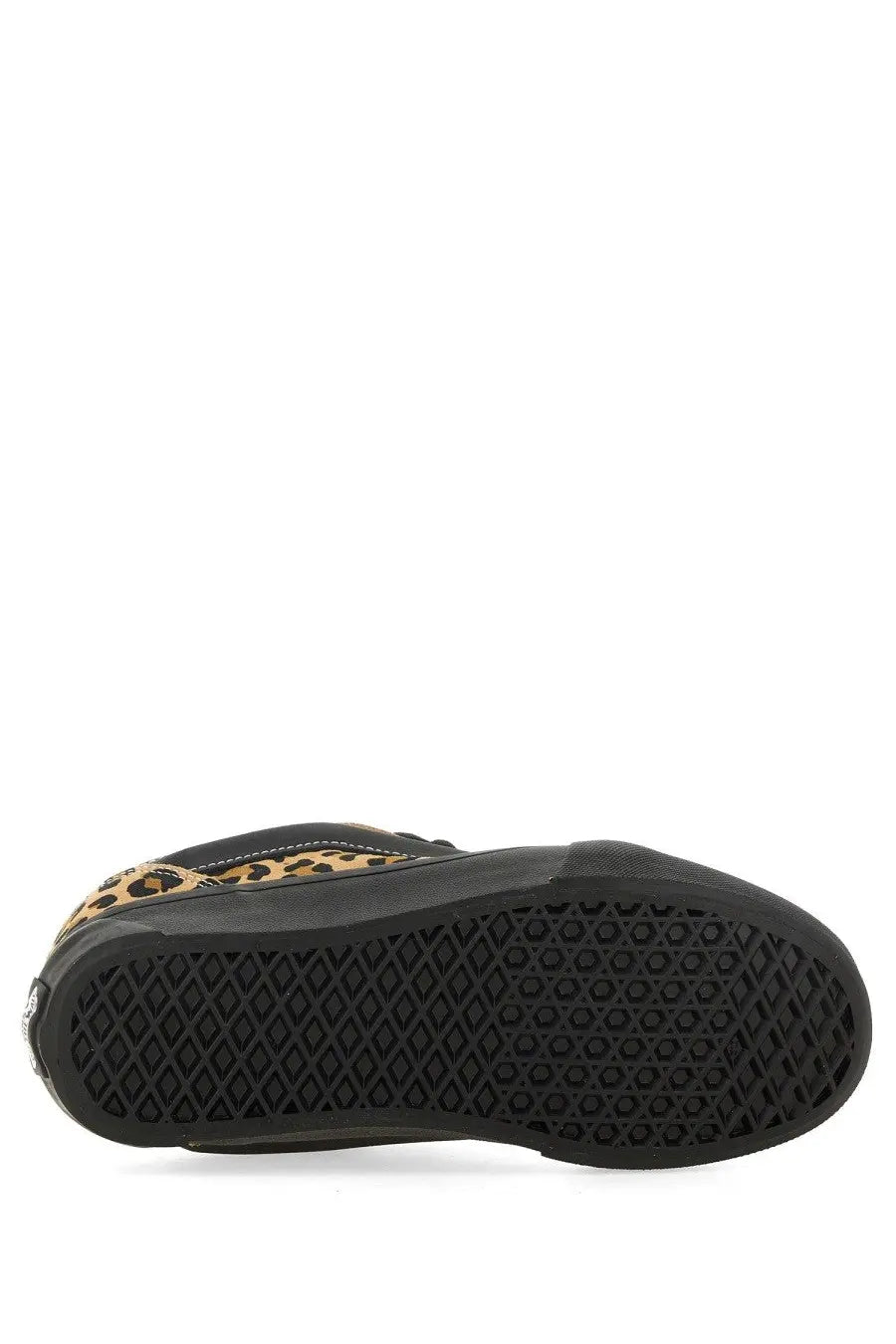 Black and tan leopard-print Vans women’s knu school slip-on sneaker with rubber sole and comfortable fit