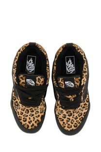 Vans women’s knu school sneaker pattern in black and tan leopard print with black laces and rubber soles
