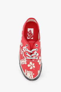 Vans women’s lx authentic canvas sneakers in red with white hibiscus flower pattern and silver laces