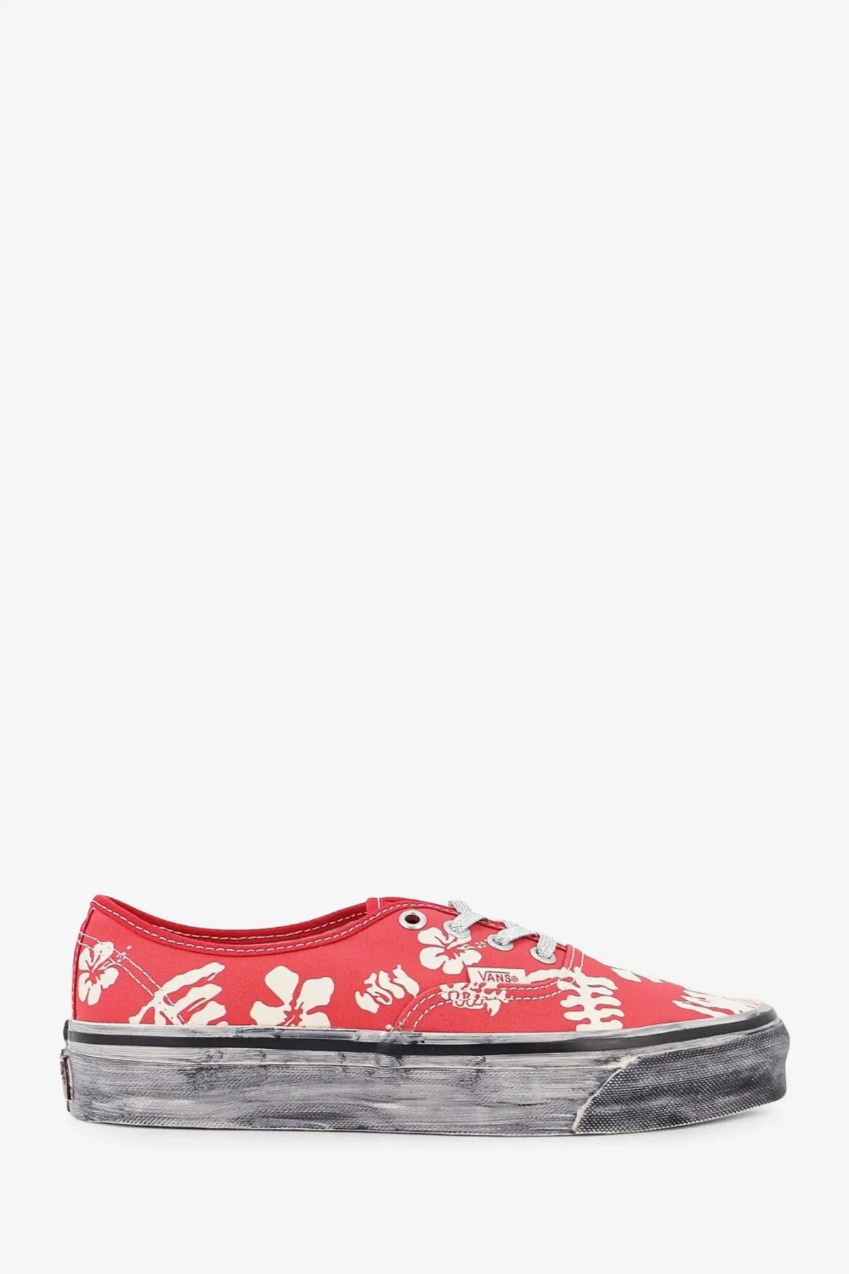 Vans women’s lx authentic canvas sneakers in red with white floral and skeleton pattern and distressed rubber sole