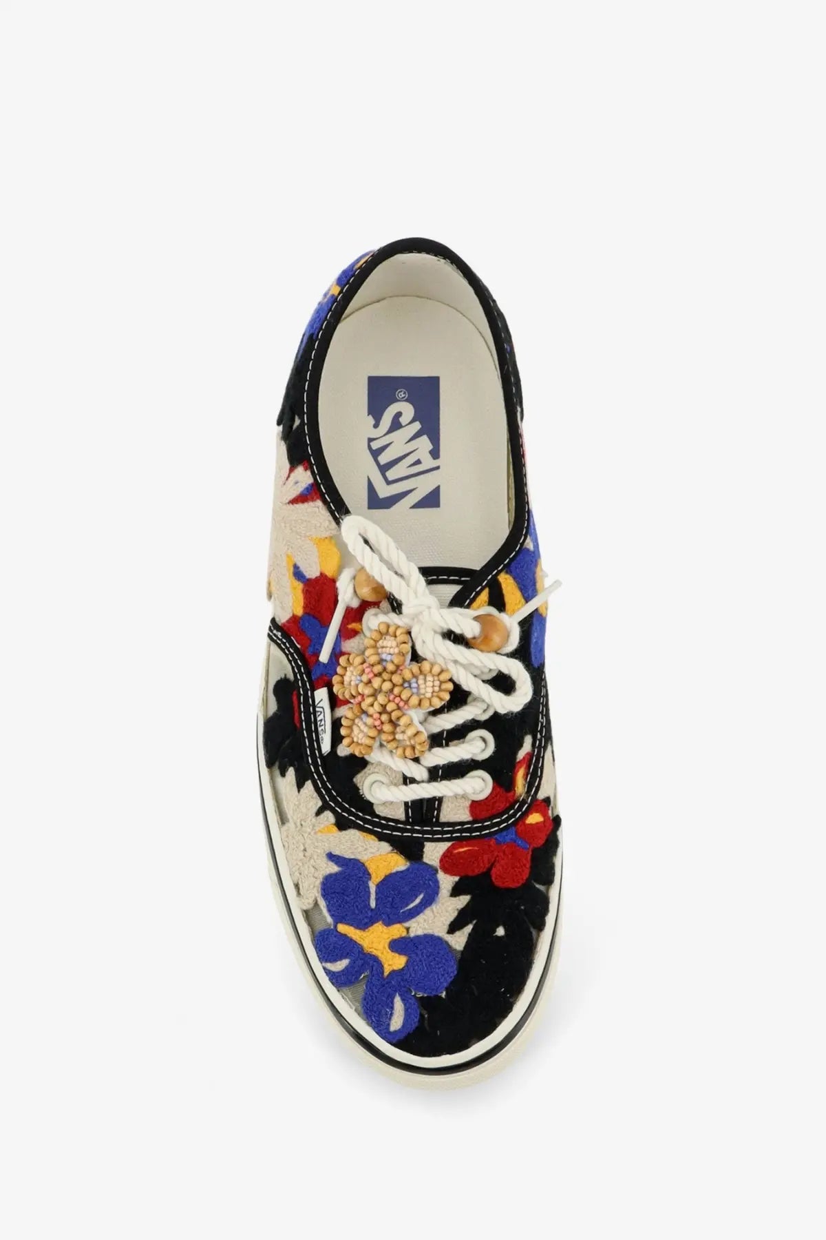 Vans women’s Lx Authentic sneakers black canvas with vibrant red blue and yellow floral embroidery design