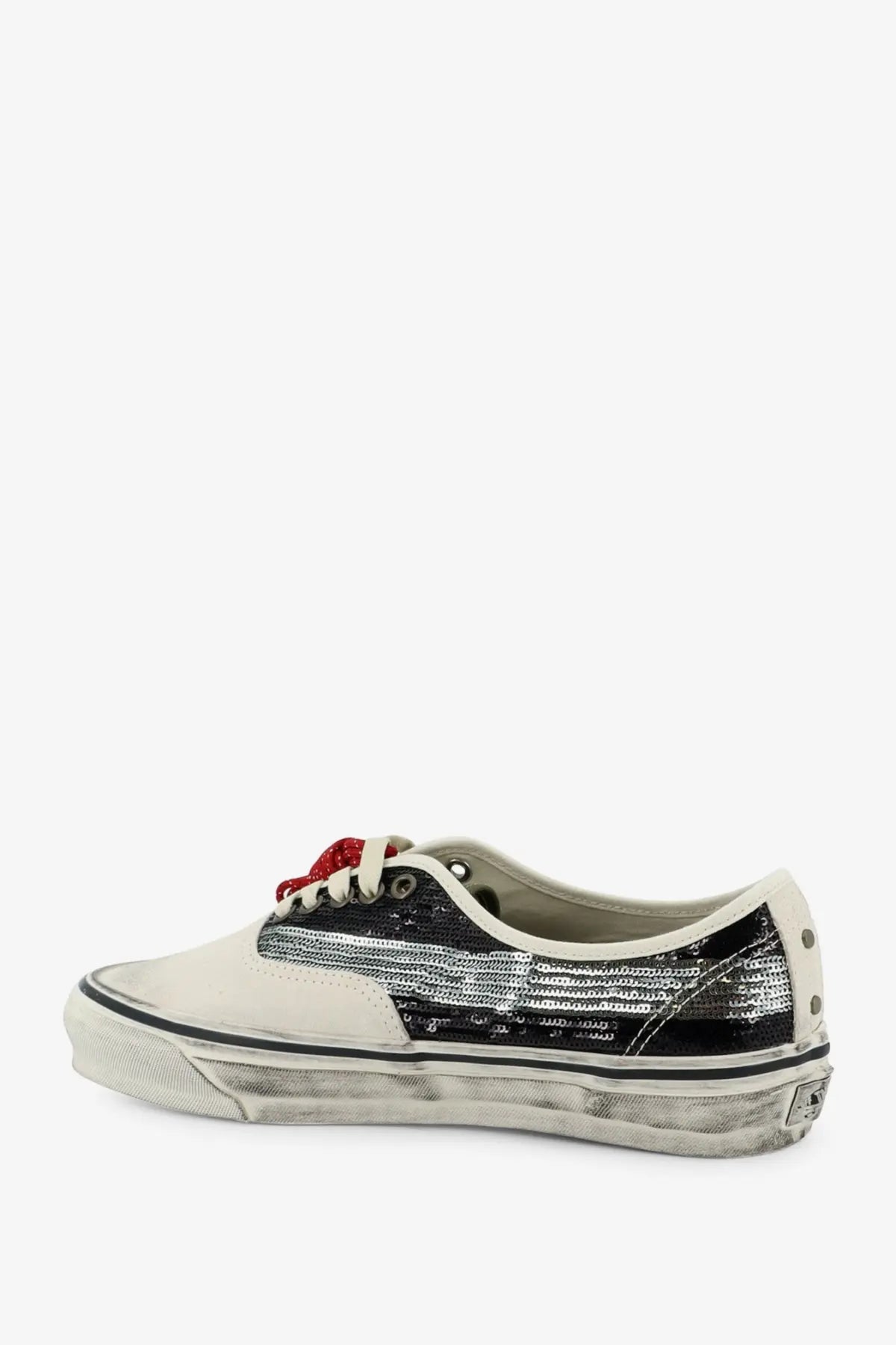 Vans women’s lx authentic suede sneaker in off white with black silver sequined panel and red glitter laces