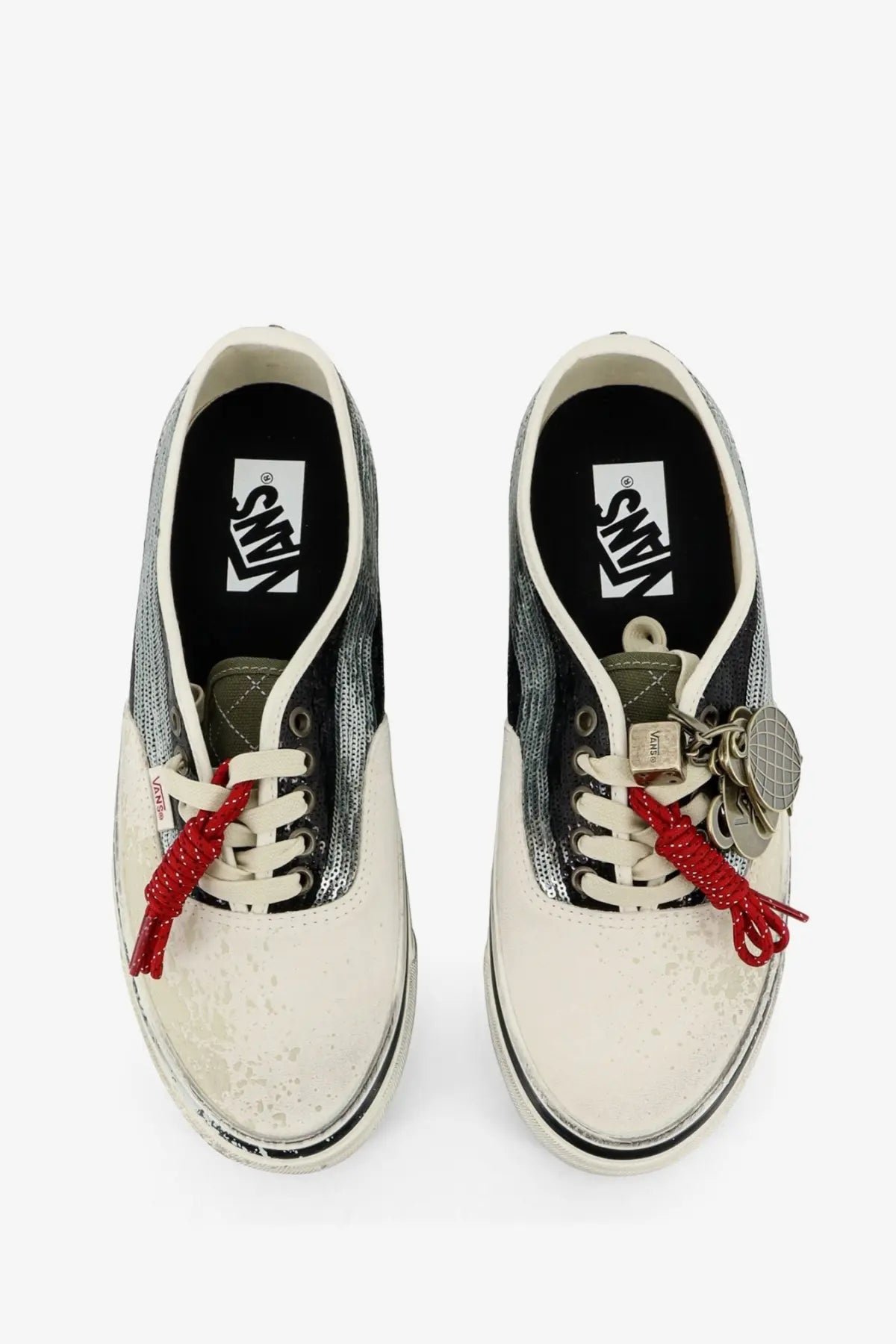 Vans women’s lx authentic suede sneakers black with textured white and silver upper red laces and metallic keychain accessories