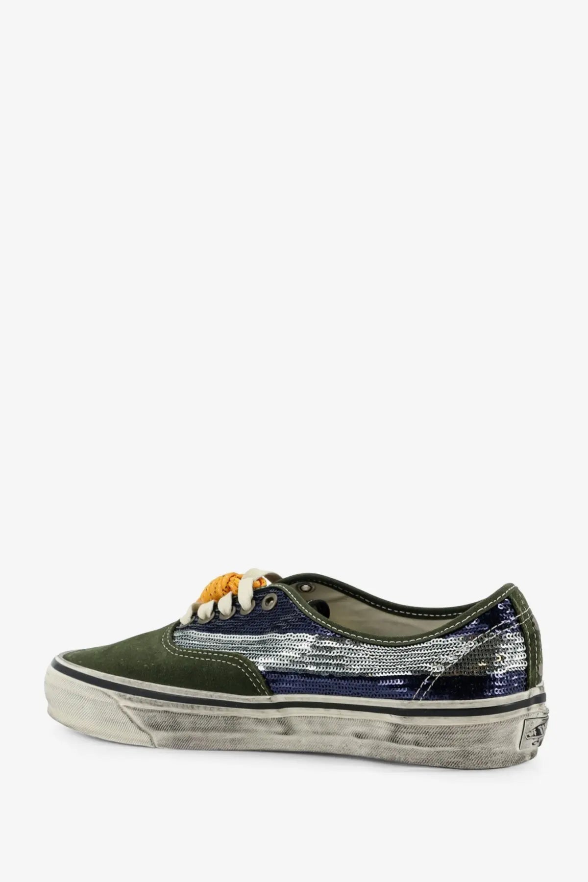 Vans women’s lx authentic suede sneaker in olive green with a navy blue and silver sequined panel and white laces