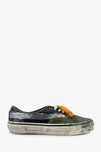 Vans women’s Lx authentic suede sneakers in olive green and navy blue speckled with orange braided laces