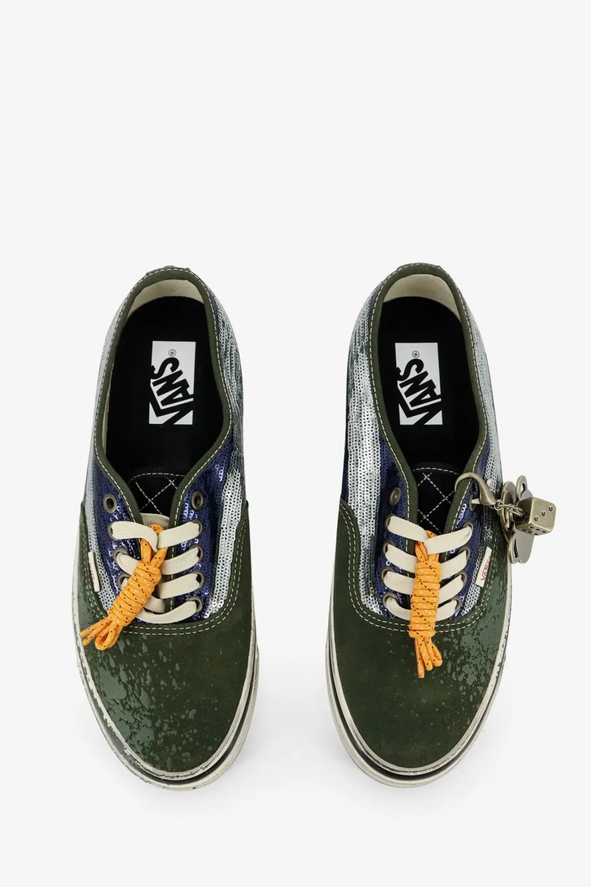 Olive green and silver metallic vans women’s lx authentic suede sneakers with orange braided laces and padlock charm