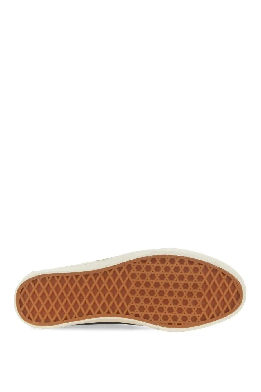 Brown rubber sole with diamond-patterned tread and white sidewall of vans women’s sneaker mary jane low pro black