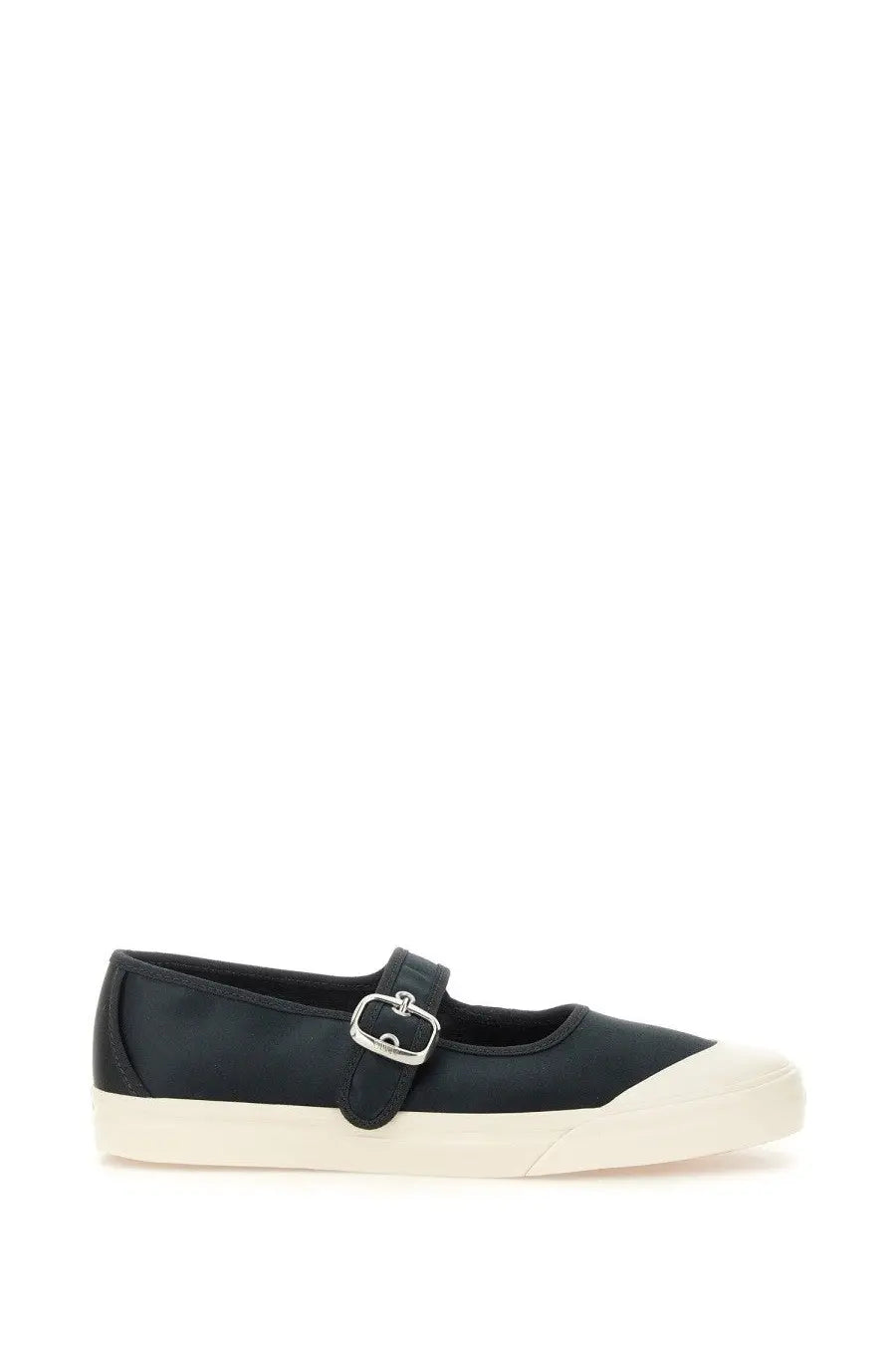 Vans women’s sneaker mary jane low pro black canvas shoe with white rubber sole and silver buckle