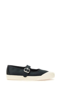 Vans women’s sneaker mary jane low pro black canvas shoe with white rubber sole and silver buckle