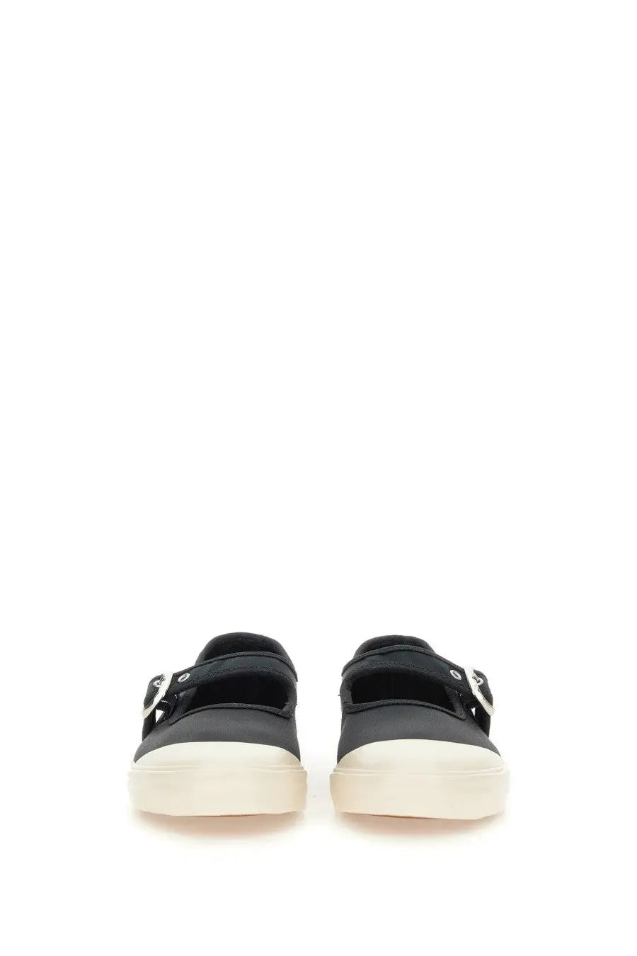 Vans women’s sneaker mary jane low pro black black canvas slip-on with white rubber soles and silver buckle straps