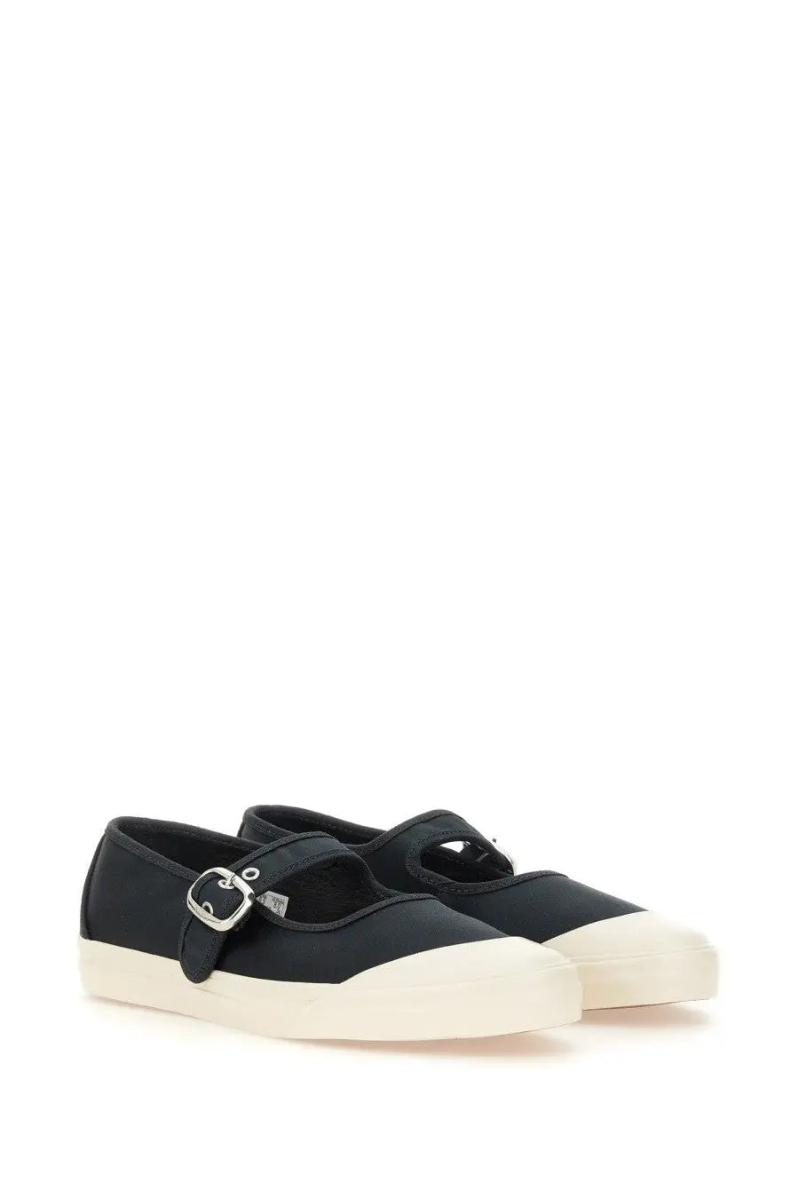 Vans women’s sneaker Mary Jane low pro black with black canvas upper white rubber sole and silver buckle detail