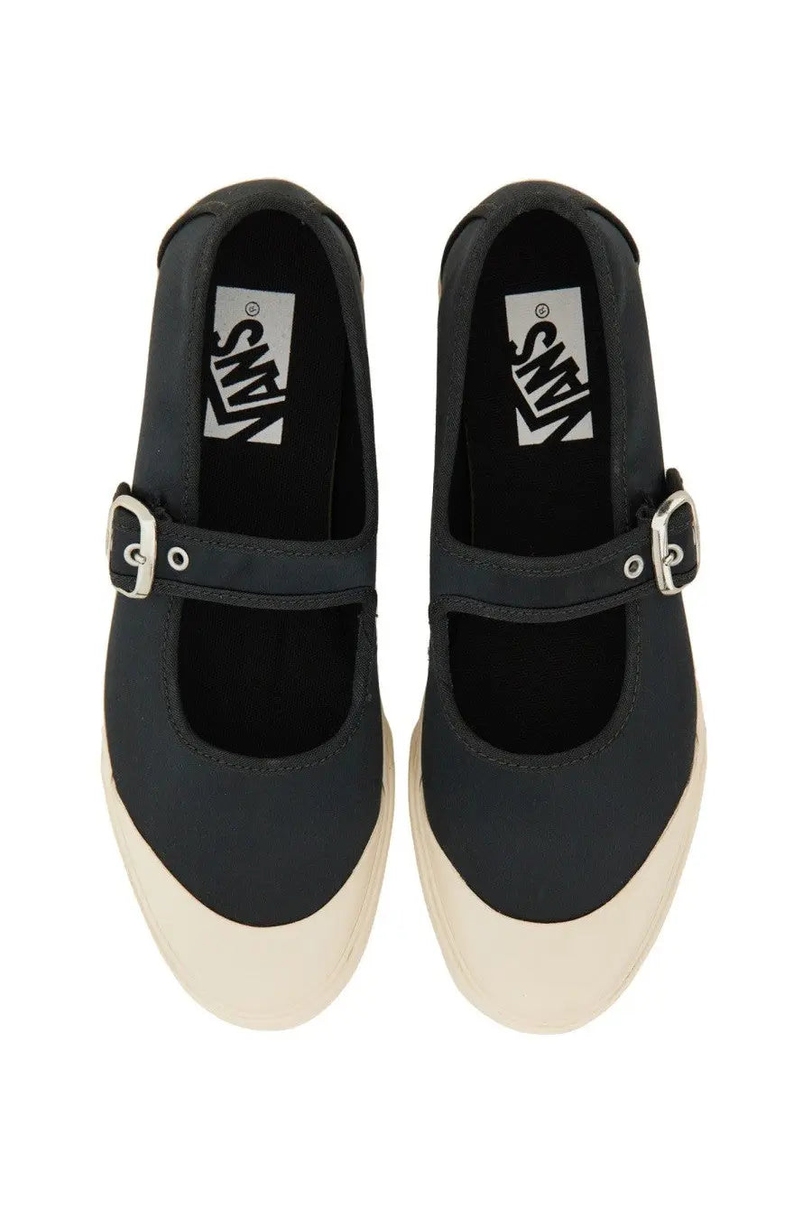 Black vans women’s sneaker mary jane low pro with matte finish cream soles and silver buckle straps