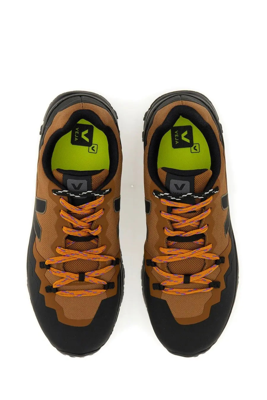 Veja men’s fitz roy trek shell sneaker black with brown and black vela hiking shoes and bright orange laces