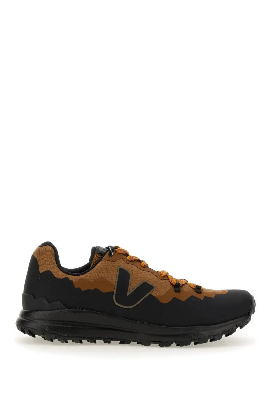 Veja men’s Fitz Roy Trek Shell sneaker black hiking shoe with rugged textured sole and prominent v logo on side