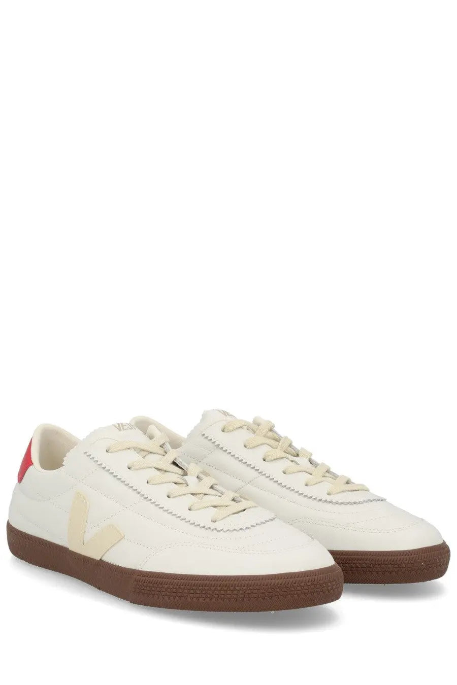 Veja men’s panenka sneaker multicolor cream canvas with brown rubber sole and red heel accent minimalist design back view