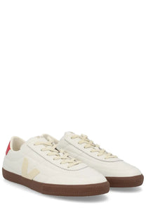 Veja men’s panenka sneaker multicolor cream canvas with brown rubber sole and red heel accent minimalist design back view