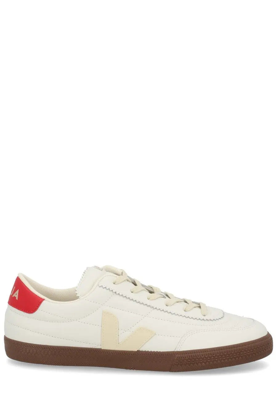 Veja men’s panenka sneaker in white leather with beige logo red heel tab and brown rubber sole shown from the back