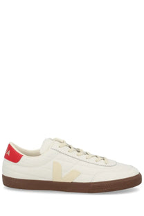 Veja men’s panenka sneaker in white leather with beige logo red heel tab and brown rubber sole shown from the back
