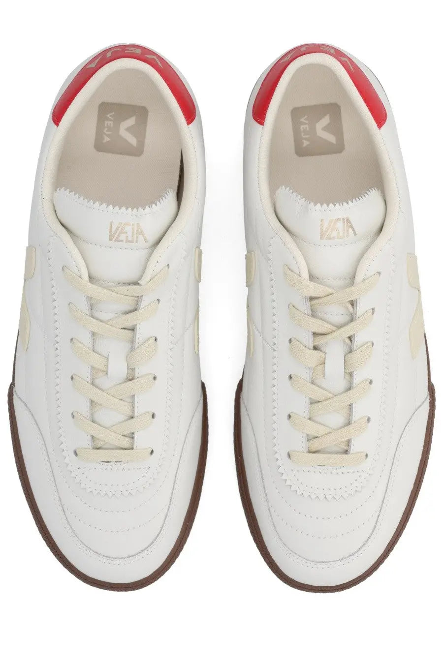 Veja men’s panenka sneaker in white leather with red heel accents, beige laces, and a brown rubber sole shown from the back