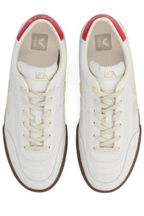 Veja men’s panenka sneaker in white leather with red heel accents, beige laces, and a brown rubber sole shown from the back