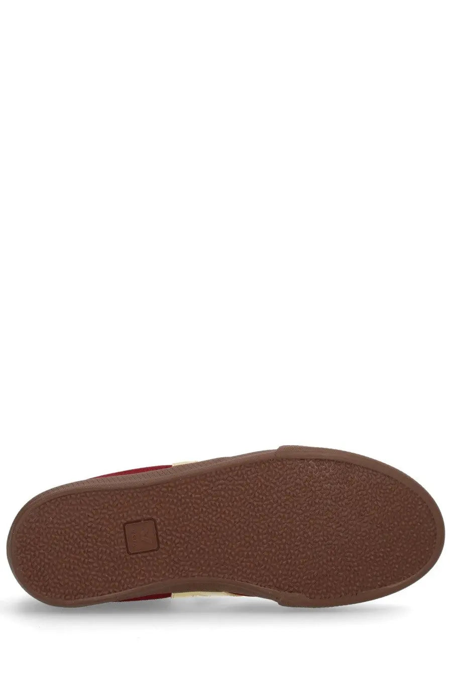 Brown rubber sole with textured grip and small square logo indentation on veja men’s panenka sneaker red