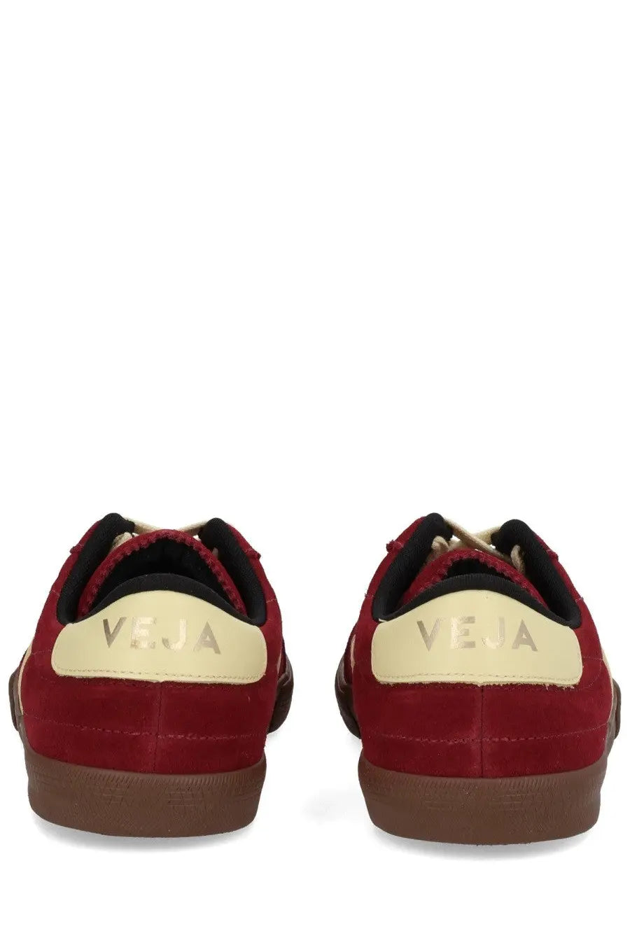 Veja men’s panenka sneaker red in red suede with cream heel tabs and black laces shown from the back side