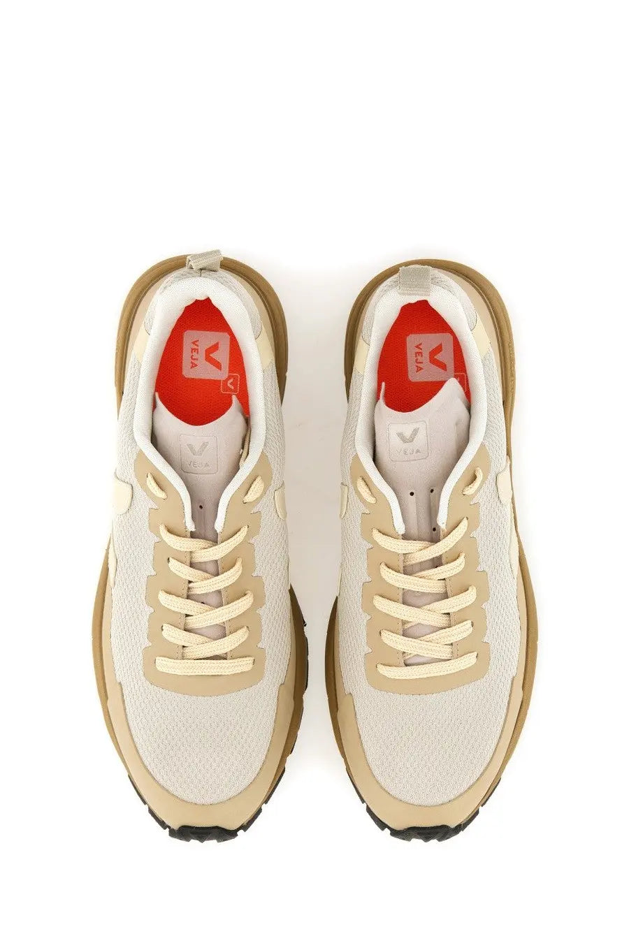 Veja men’s sneaker dekkan beige with mesh upper tan and beige colors white laces and orange interior lining