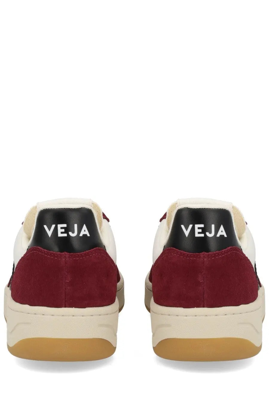 Veja men’s sneaker multicolor cream and burgundy suede with black heel tab featuring Veja logo back view