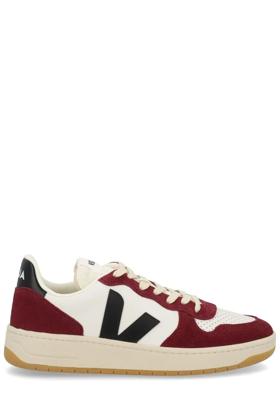 Veja men’s sneaker multicolor maroon and white suede with black v logo cream laces and gum rubber sole