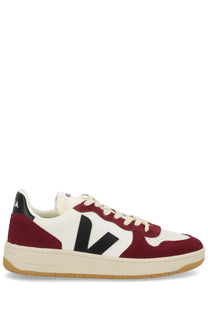 Veja men’s sneaker multicolor maroon and white suede with black v logo cream laces and gum rubber sole