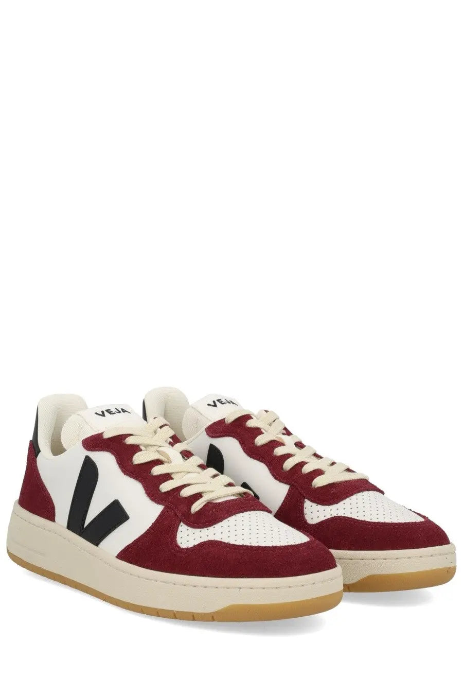 Veja men’s sneaker multicolor in maroon and white suede with black logo and perforated toe box detailing